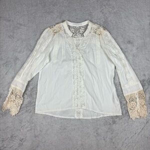 Anthropologie Eri + Ali Ivory Cream Lace Crochet Button Up‎ Blouse Cottage LP